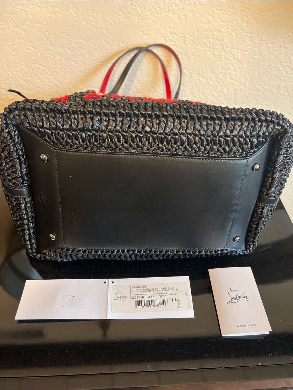 Christian Louboutin Black Woven Straw Tote with Red Script Embroidery - Picture 5 of 6